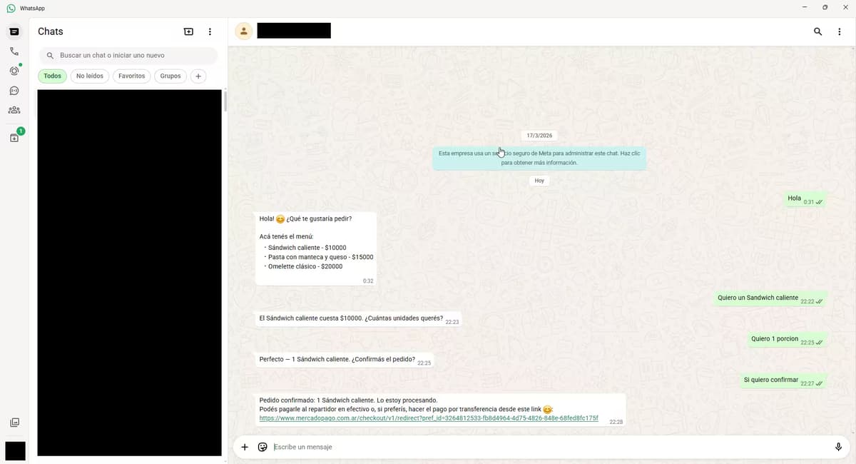 Bot en acción — el agente IA muestra el menú disponible en WhatsApp