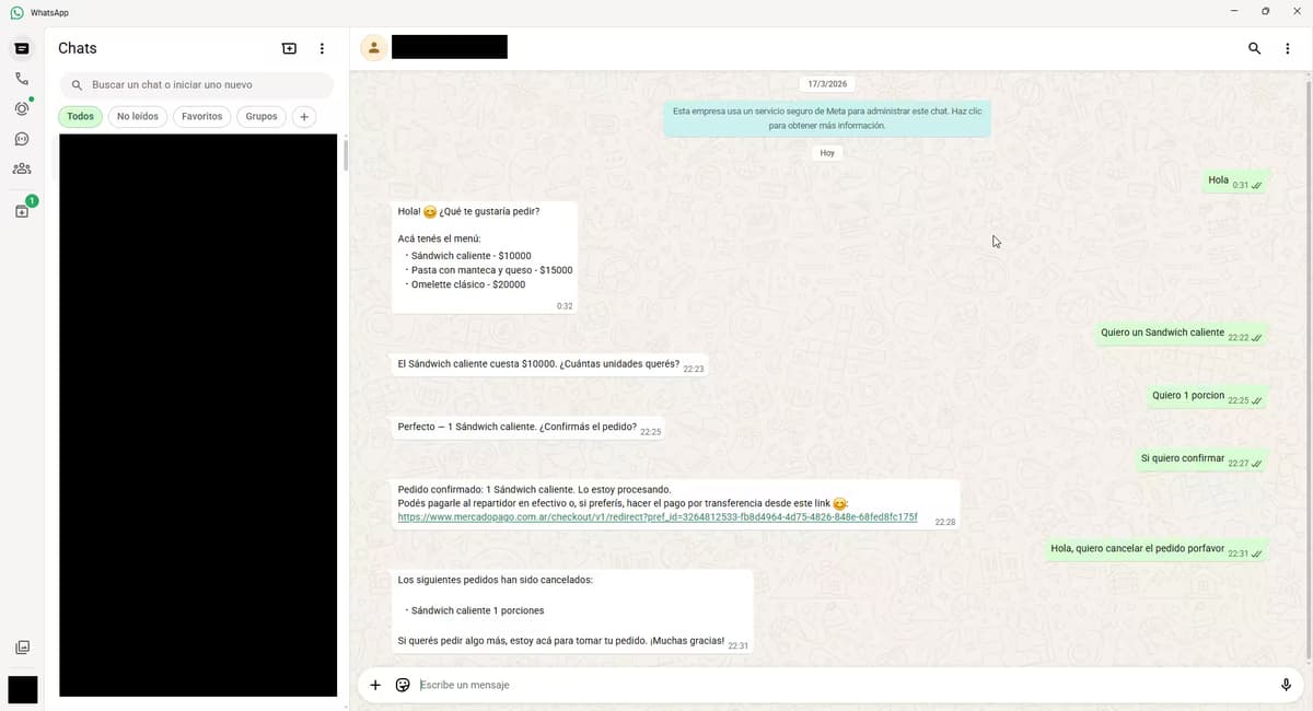Bot — confirmación del pedido y link de pago de MercadoPago generado desde el chat