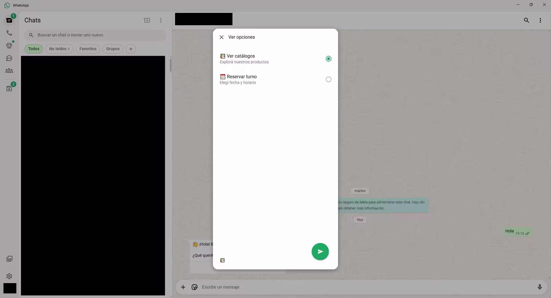 Menú principal — el bot ofrece Ver catálogos o Reservar turno