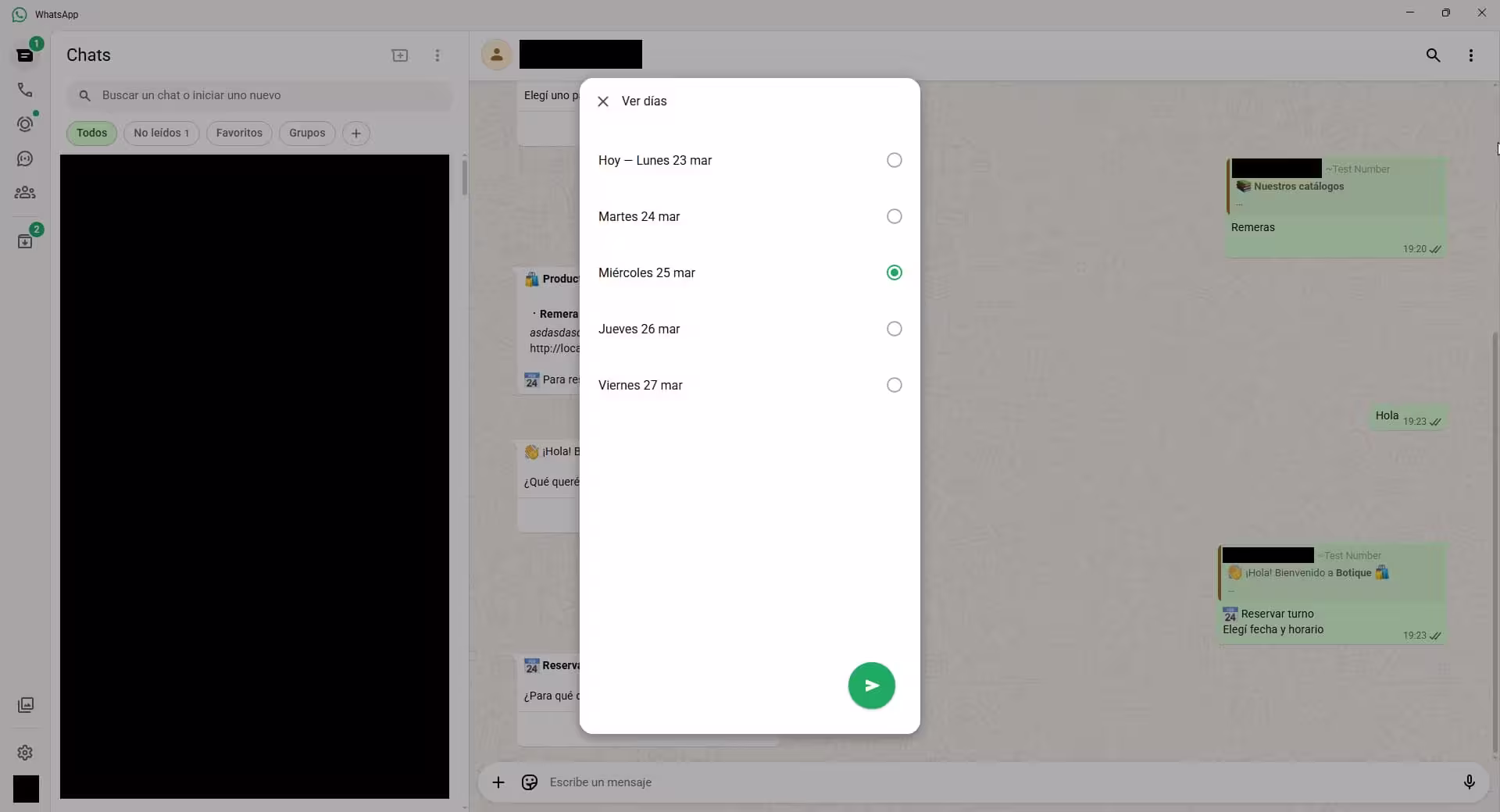 Selección de día — el bot muestra los próximos días hábiles disponibles