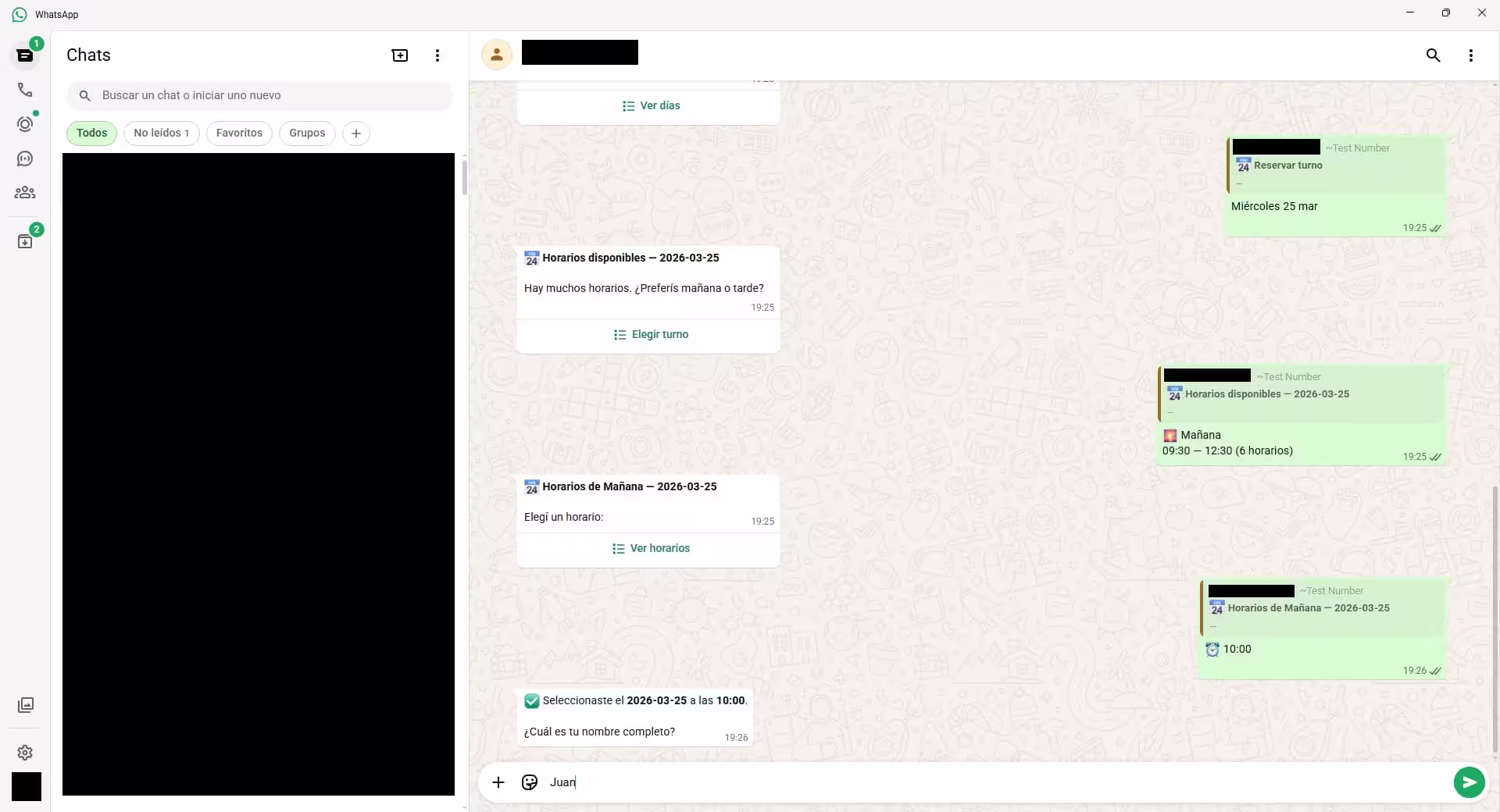 Confirmación de nombre — el bot solicita el nombre del cliente para finalizar la reserva