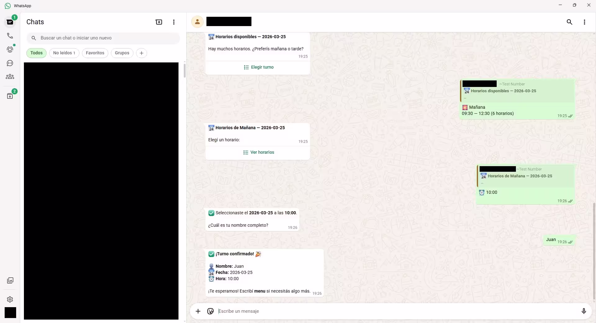 Turno confirmado — el bot envía el resumen con nombre, fecha y hora al cliente