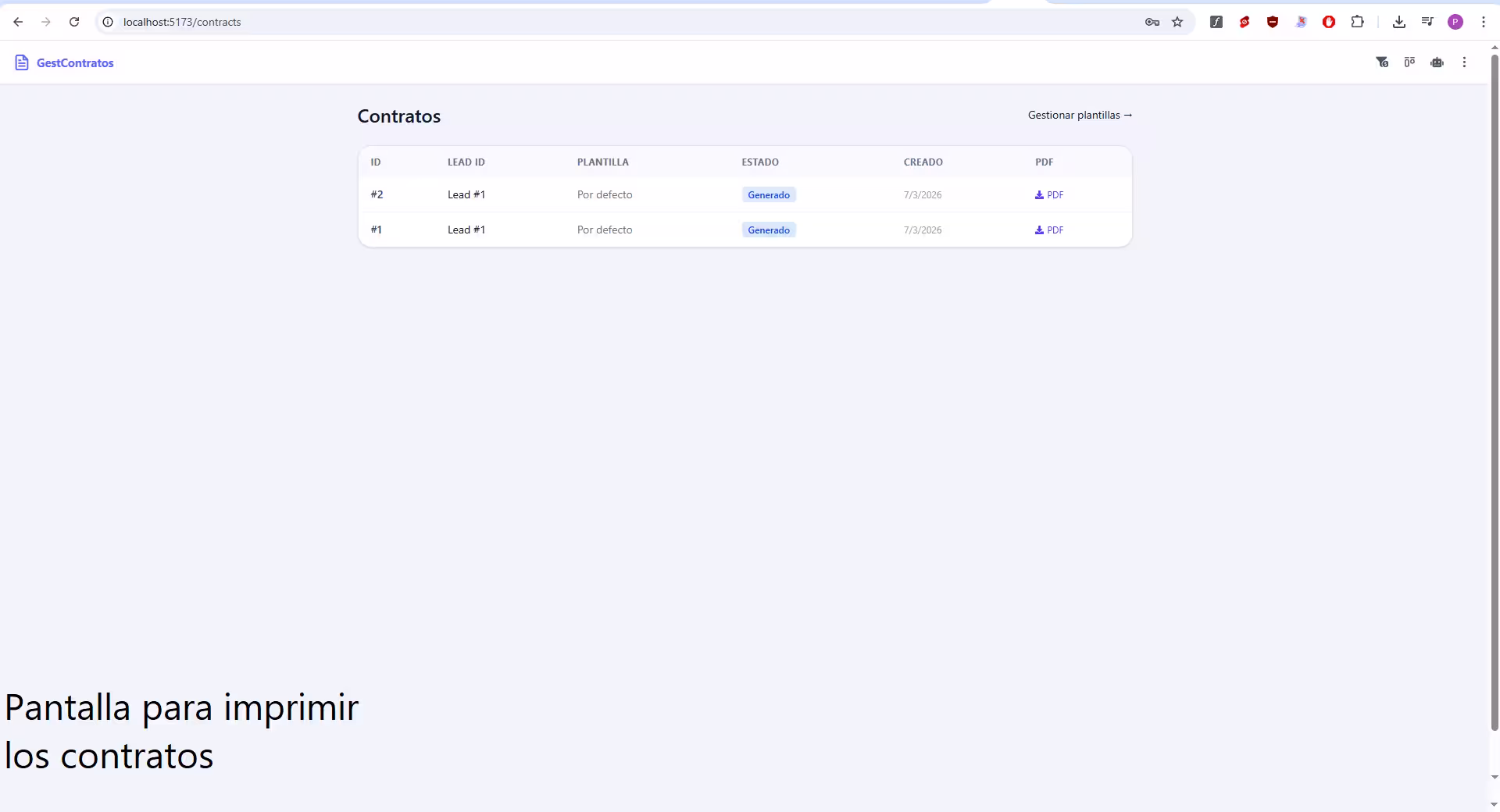 Contratos — historial de contratos generados con descarga en PDF