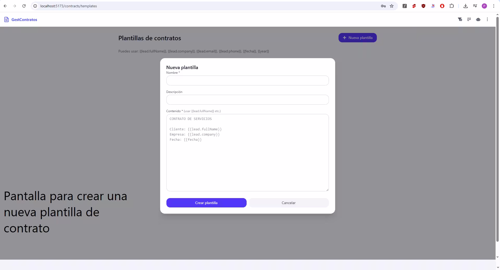 Nueva plantilla — editor para crear plantillas con campos personalizados