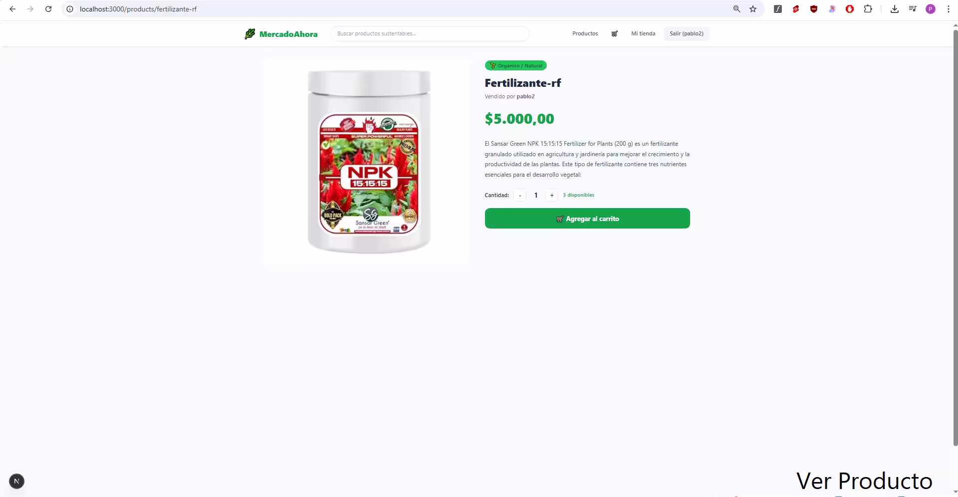 Detalle de producto — galería de imágenes, EcoScore y botón de agregar al carrito