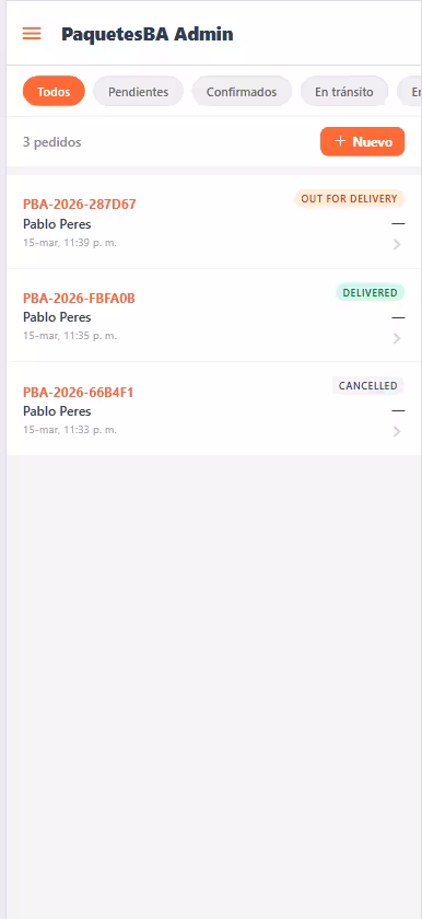 Admin — lista completa de pedidos con filtros por estado