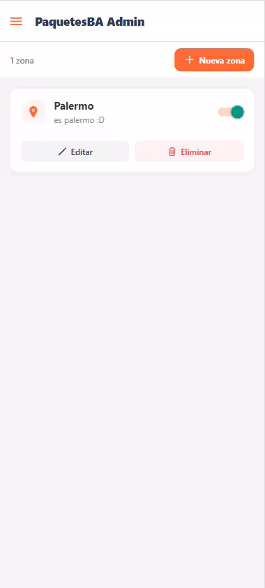 Admin — CRUD de zonas de cobertura del servicio