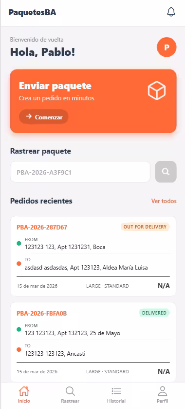 Cliente — home con pedidos activos y acceso rápido a nuevo envío