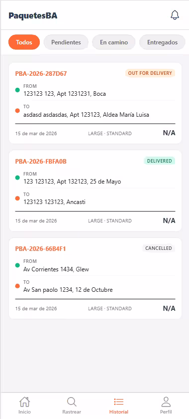 Cliente — historial de envíos con filtros y estados de cada pedido