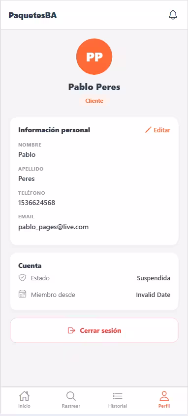 Cliente — perfil con datos personales y configuración de cuenta