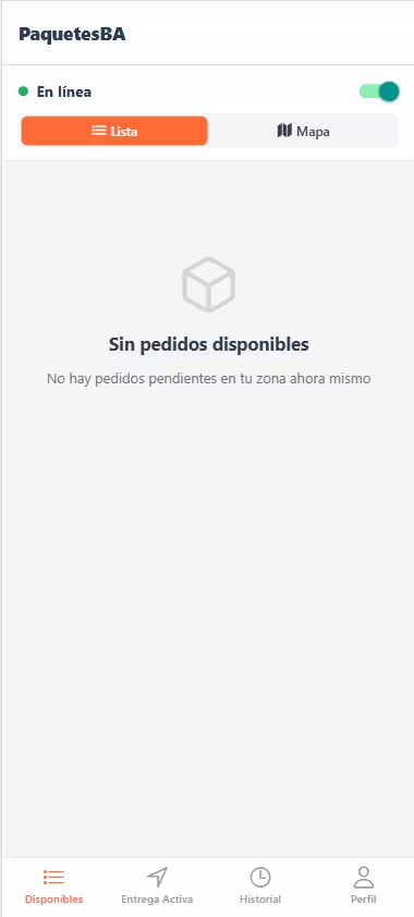 Repartidor — pedidos disponibles en la zona con toggle online/offline
