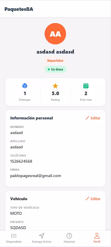 Repartidor — perfil con datos del vehículo y métricas de desempeño