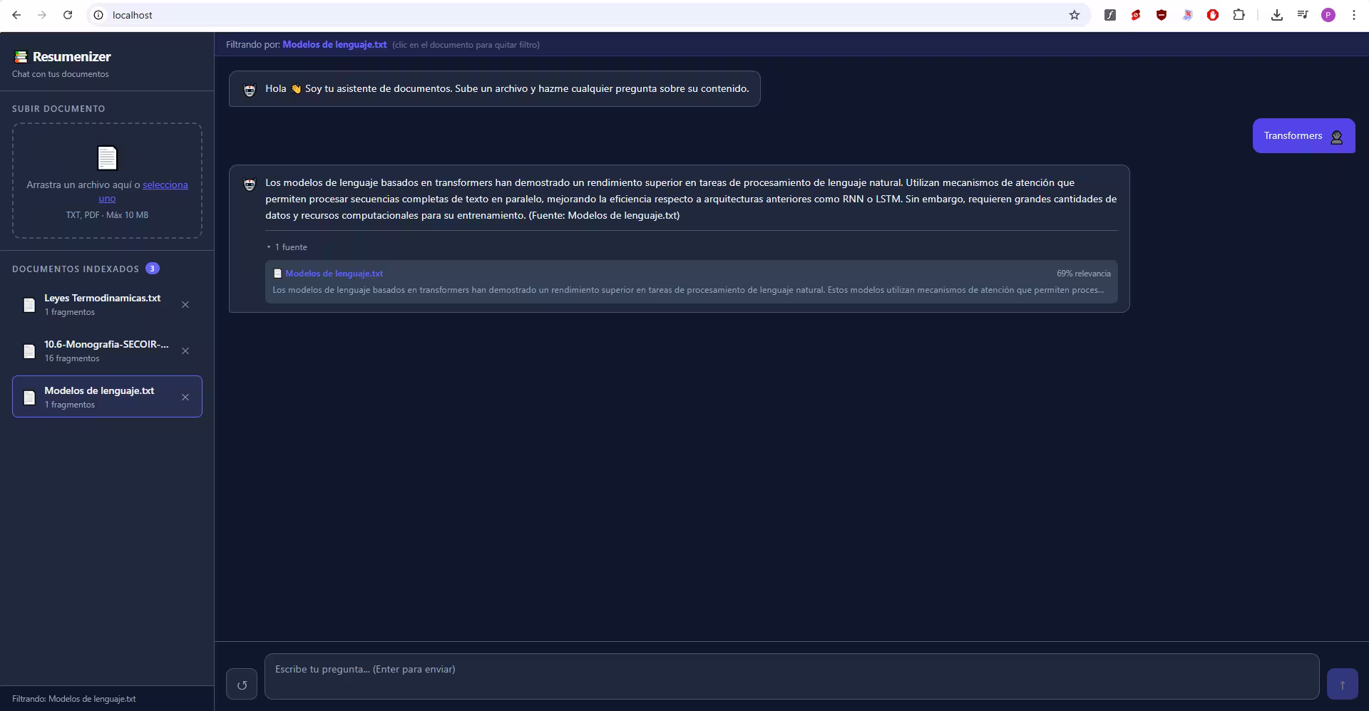 Filtro por documento — el chat restringe la búsqueda al archivo seleccionado